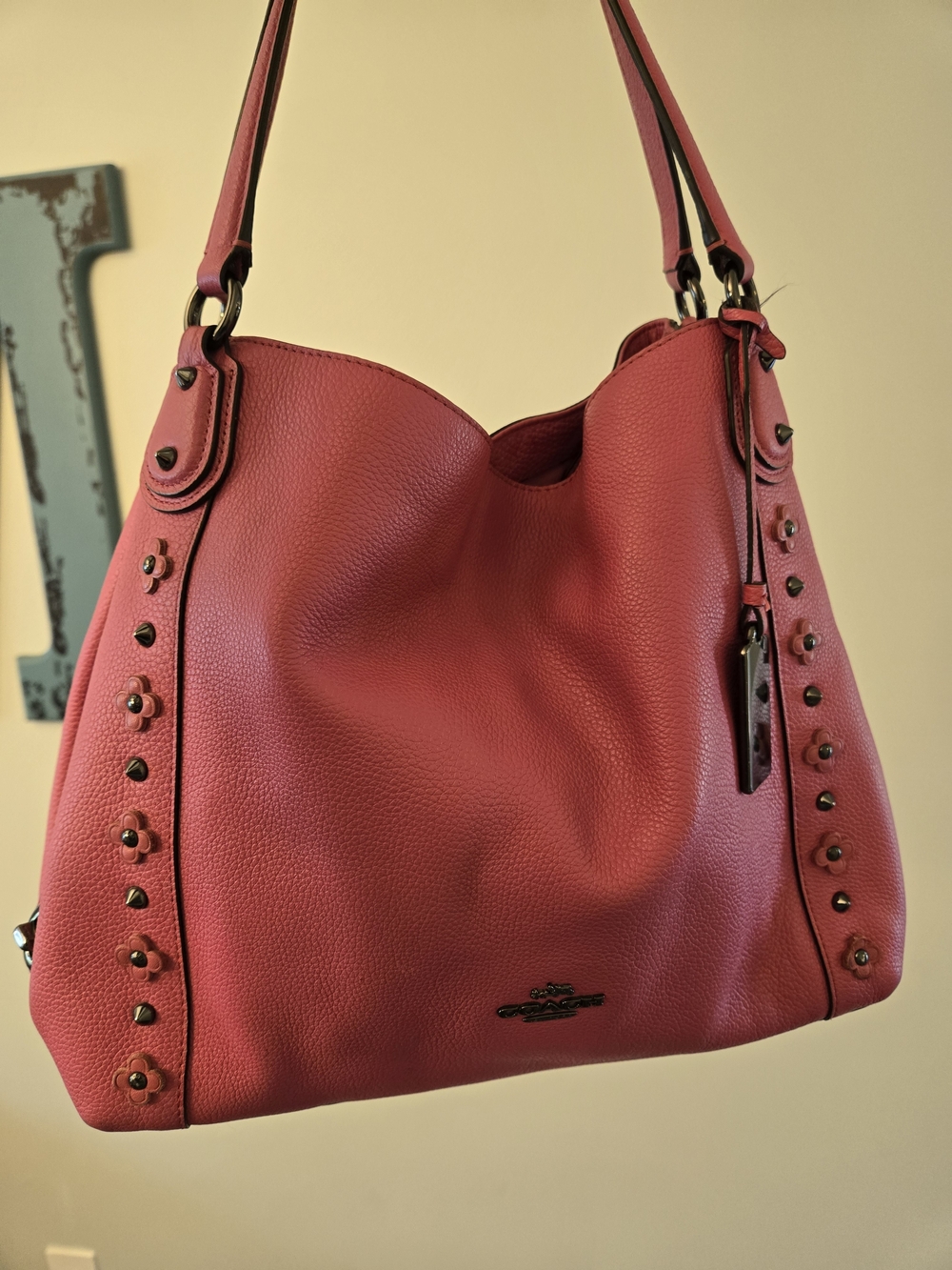 Coach Edie/pheobe Pink Pebbled Leather Shoulder Hobo with Stud Accents